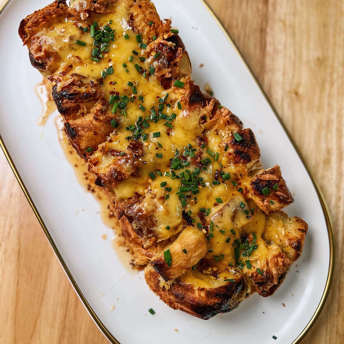Smoked Gouda Miso Garlic Bread with Hot Honey