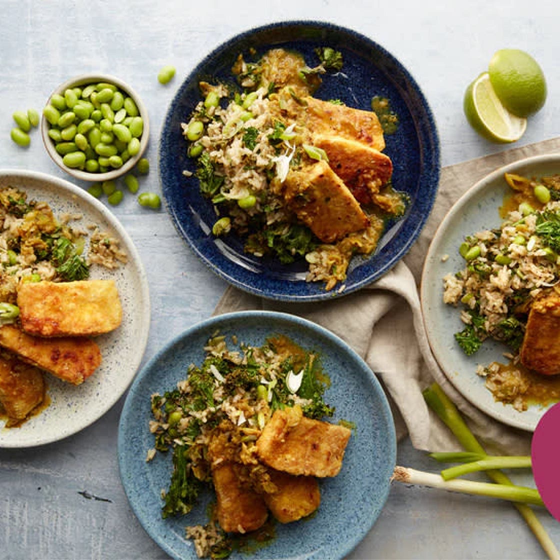 Crispy tofu katsu curry with edamame rice