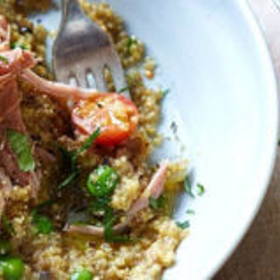 Pea quinoa risotto with ham