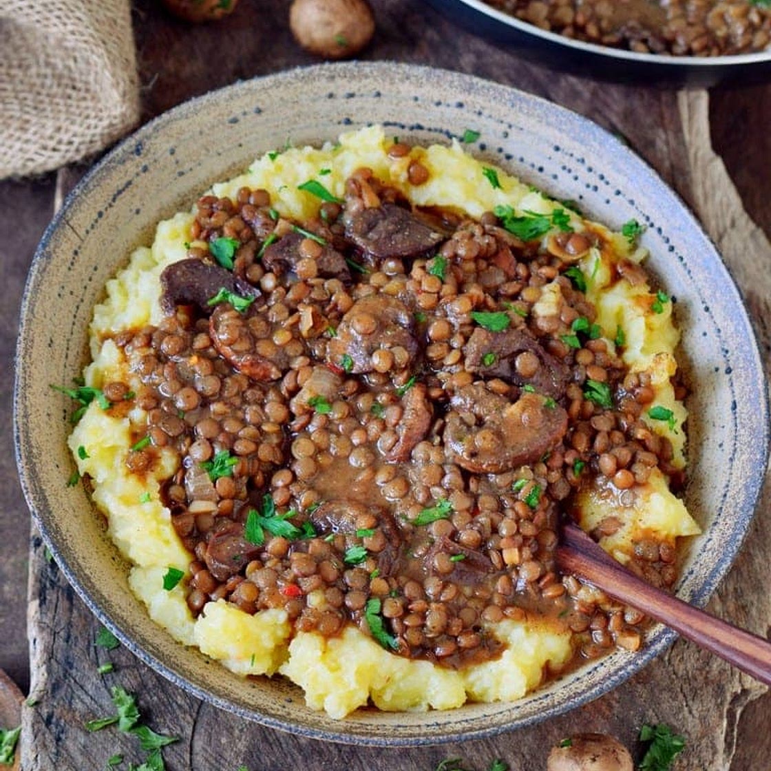 Brown Lentil Stew with Mashed Potatoes