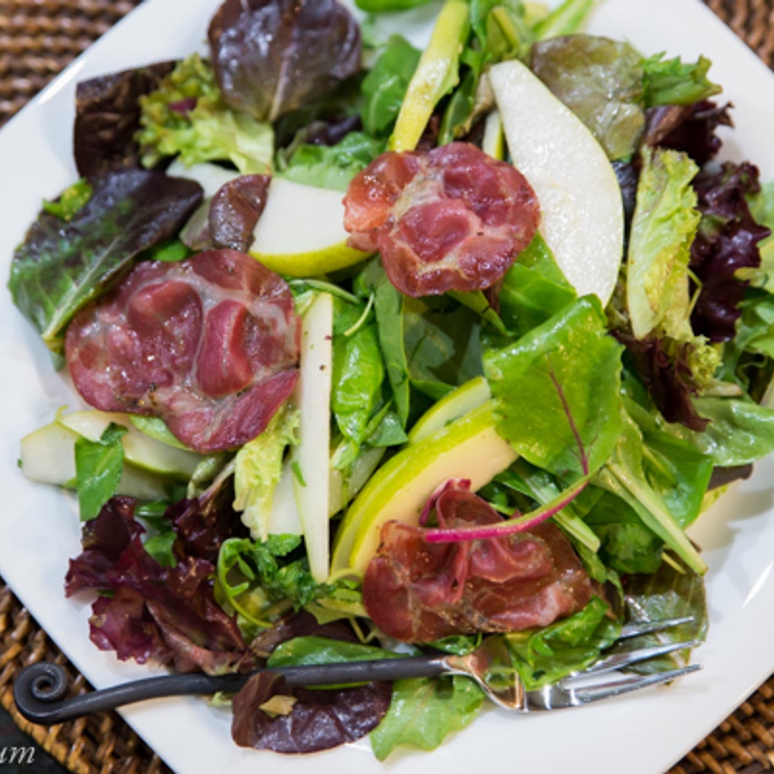 Greens, Pears, and Crispy Coppa Salad