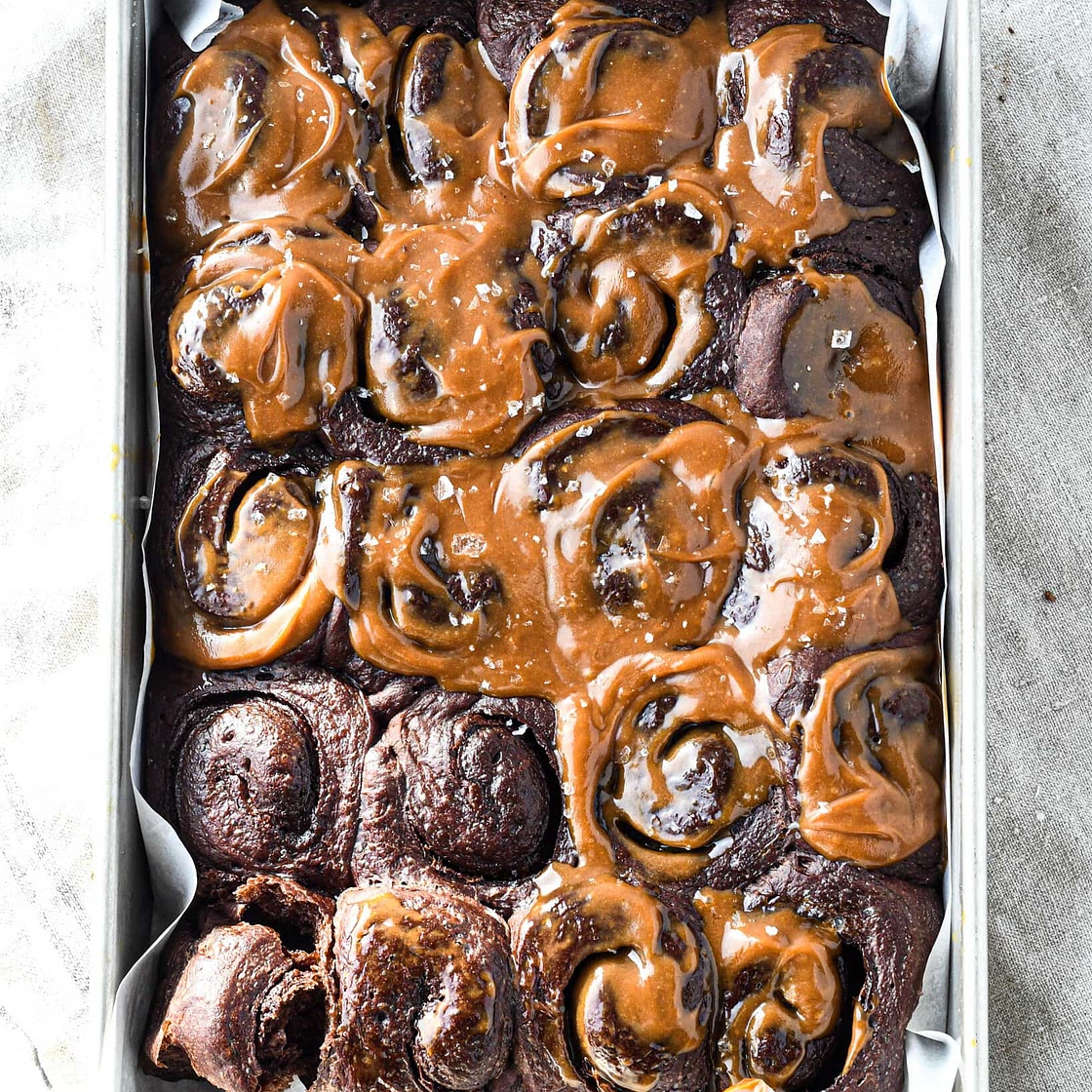 double chocolate rolls with caramelized white chocolate ganache - buttermilk