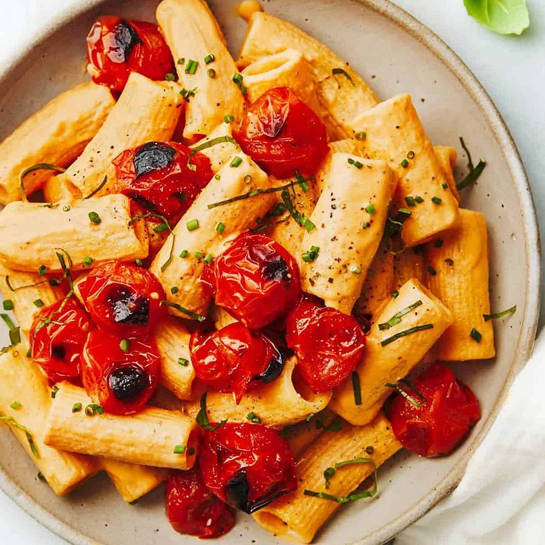 Creamy Red Pepper Pasta with Blistered Tomatoes