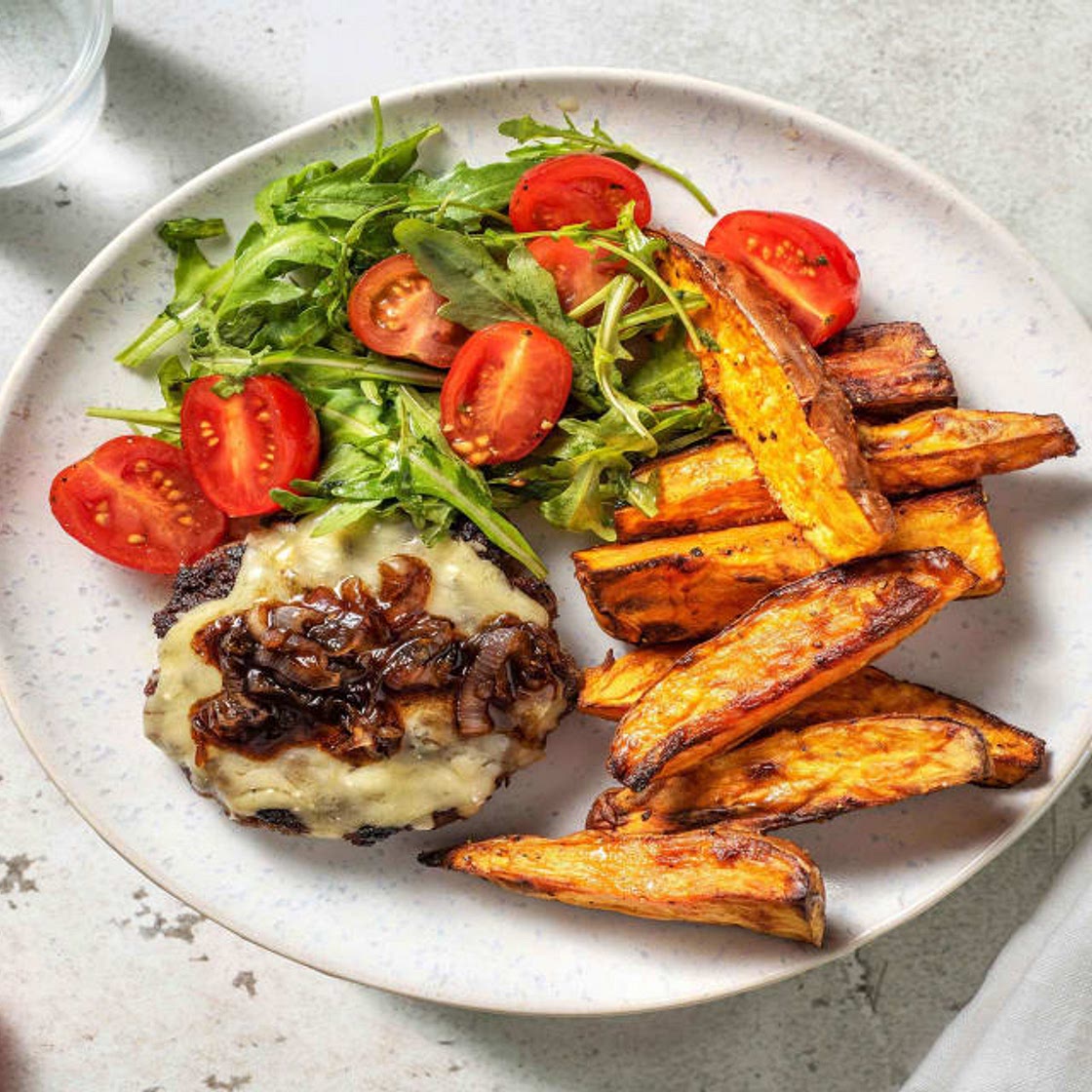 Naked Cheeseburger with Caramelised Onion, Sweet Potato Wedges and Salad