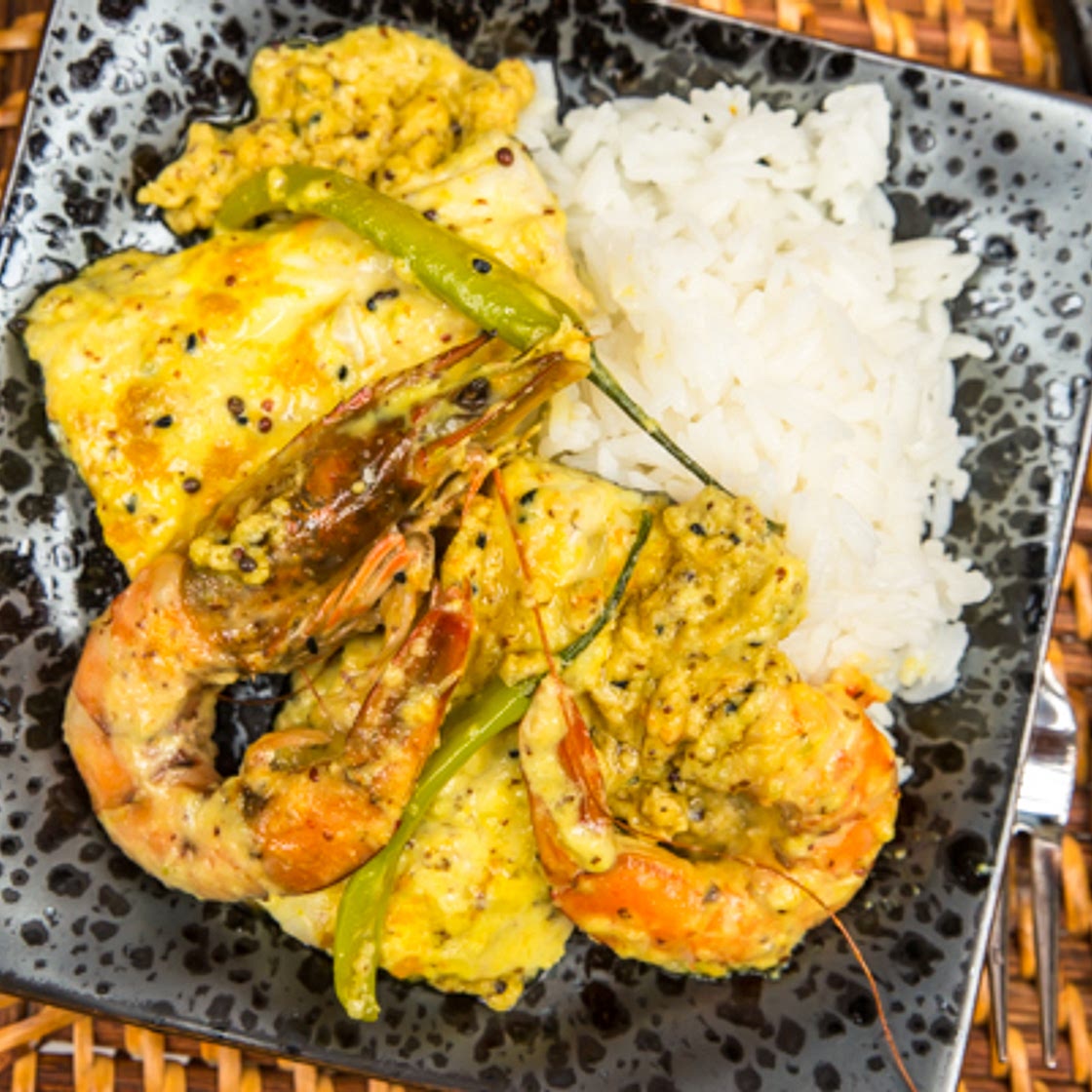 Salmon and Prawns in Mustard Sauce