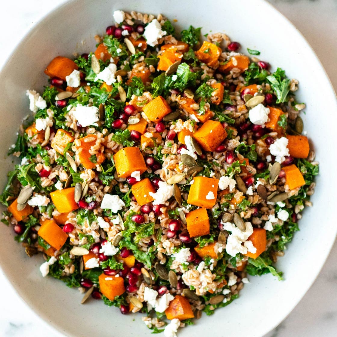 Fall Farro Salad with Butternut Squash, Kale, Pomegranate, and Goat Cheese