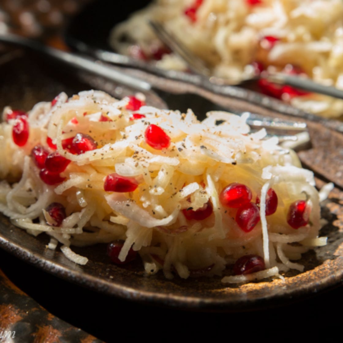 Black Radish, Apple, and Pomegranate Seeds Salad
