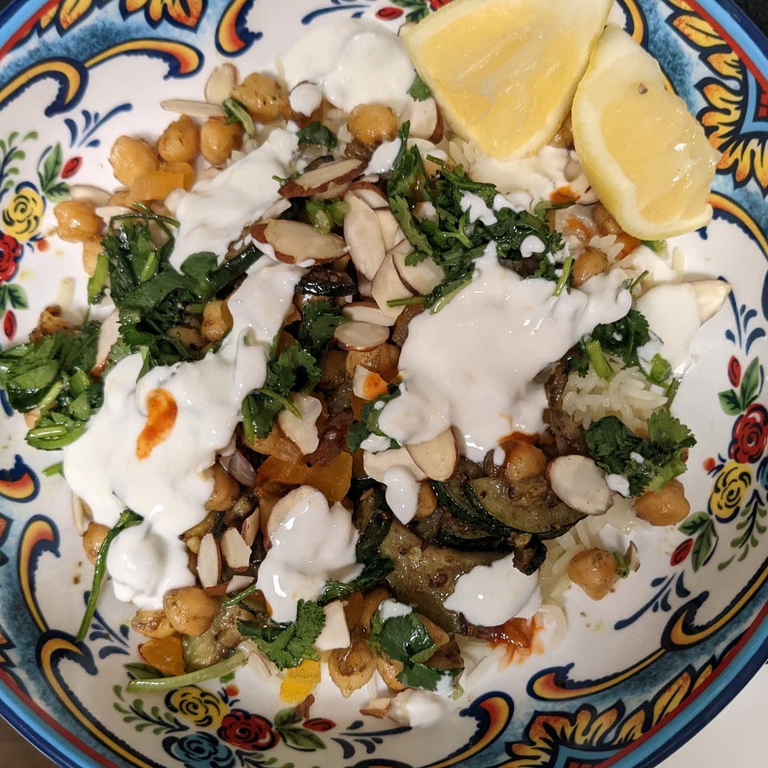 Apricot, Almond & Chickpea Tagine with Zucchini, Basmati Rice & Chermoula