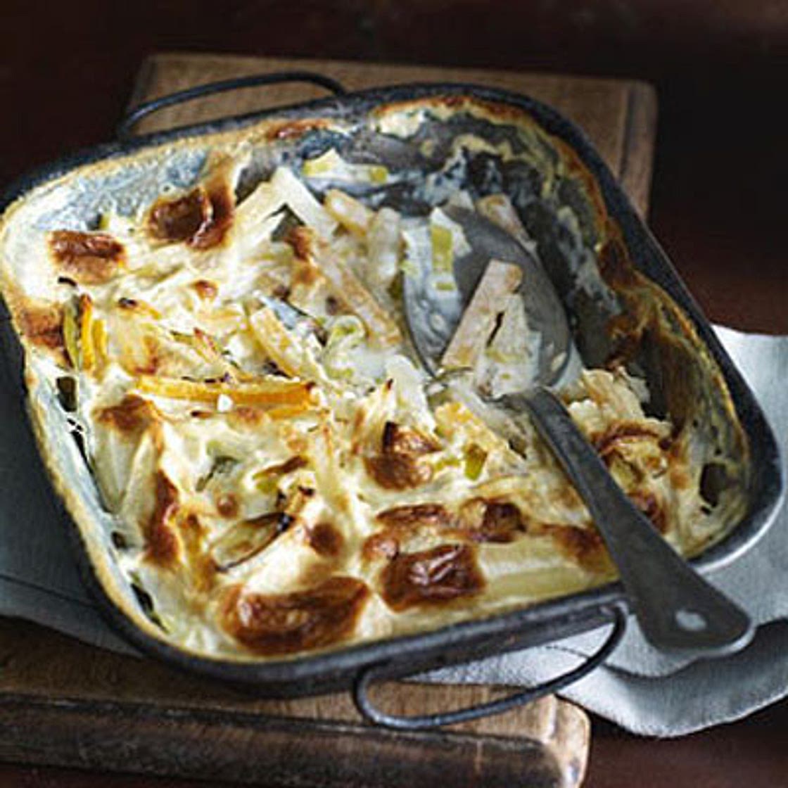Swede, leek and potato gratin