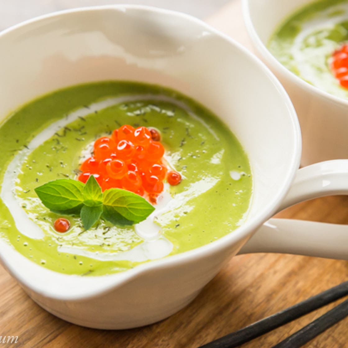 Zucchini Soup with Sour Cream and Salmon Roe
