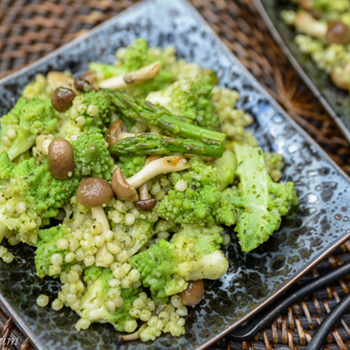Romanesco Broccoli with Couscous, Mushrooms, and Asparagus
