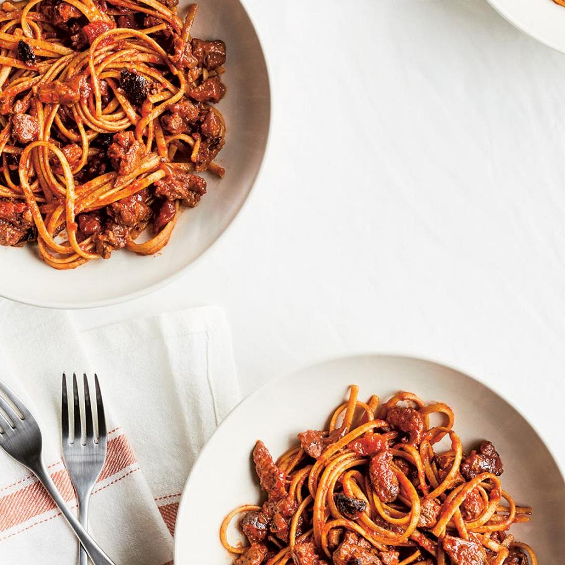 Pressure Cooker Linguini with Stewed Lamb and Olives