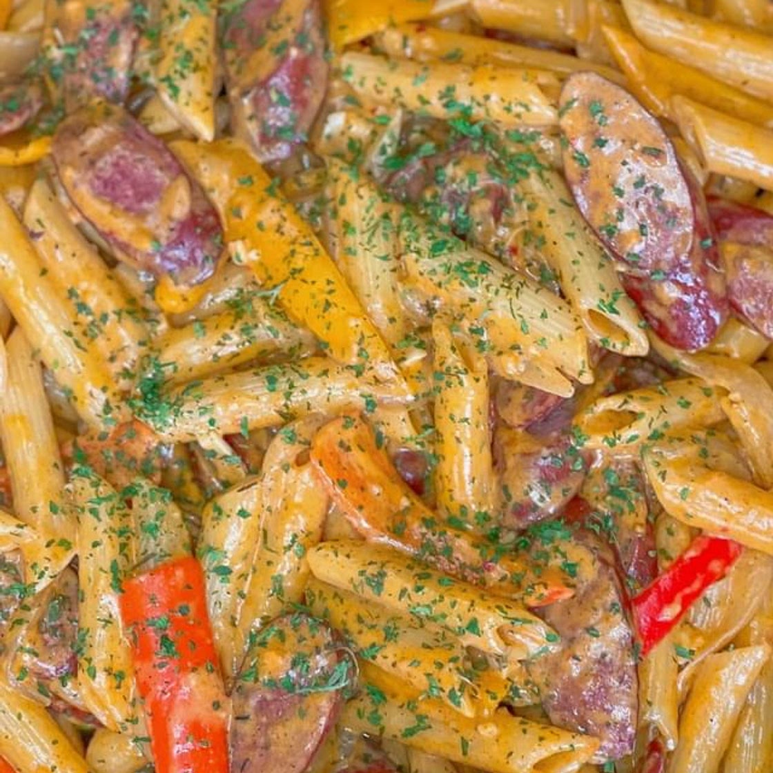 Cajun beef sausage and pepper pasta