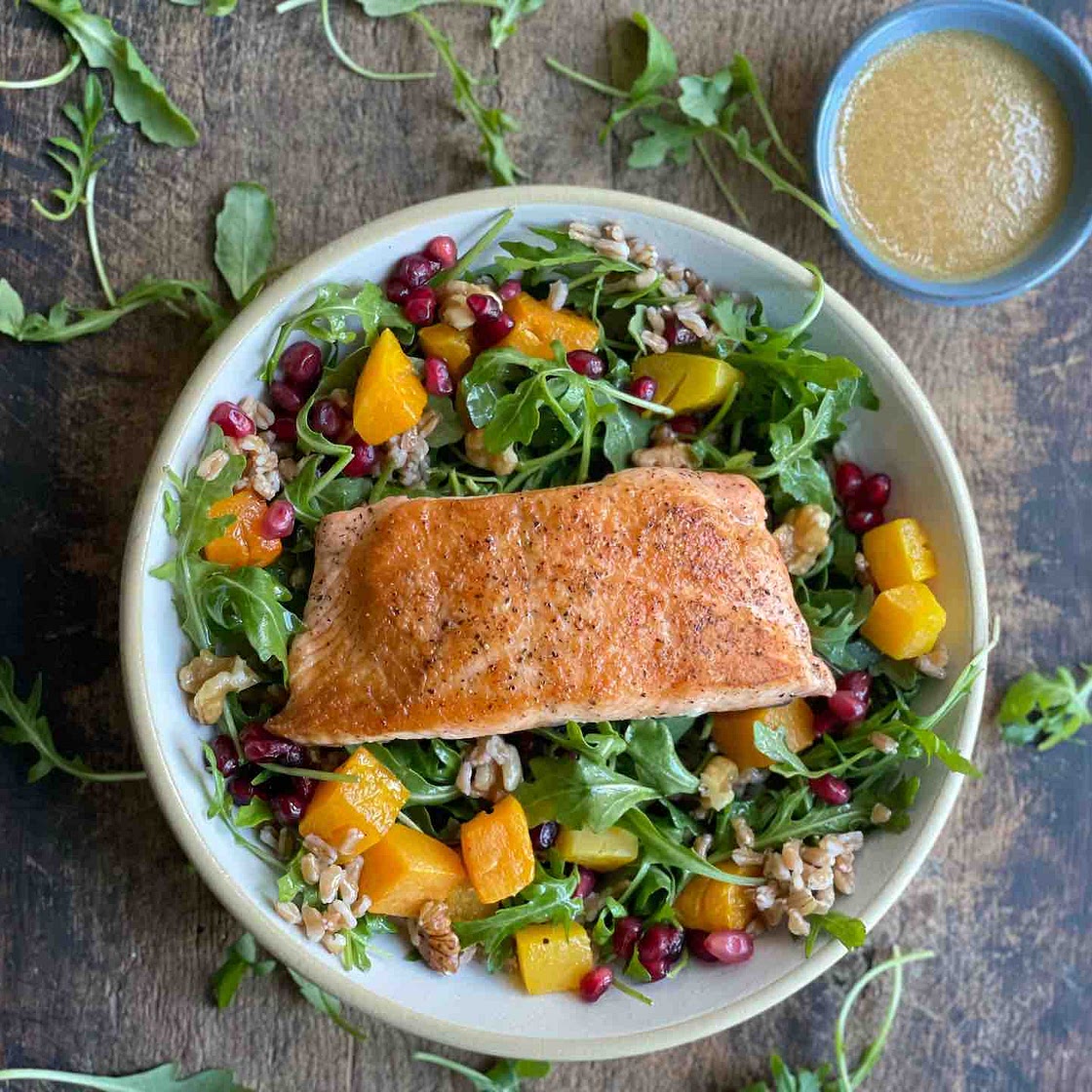 Pan-Seared Salmon Salad with Butternut Squash, Farro and Pomegranate