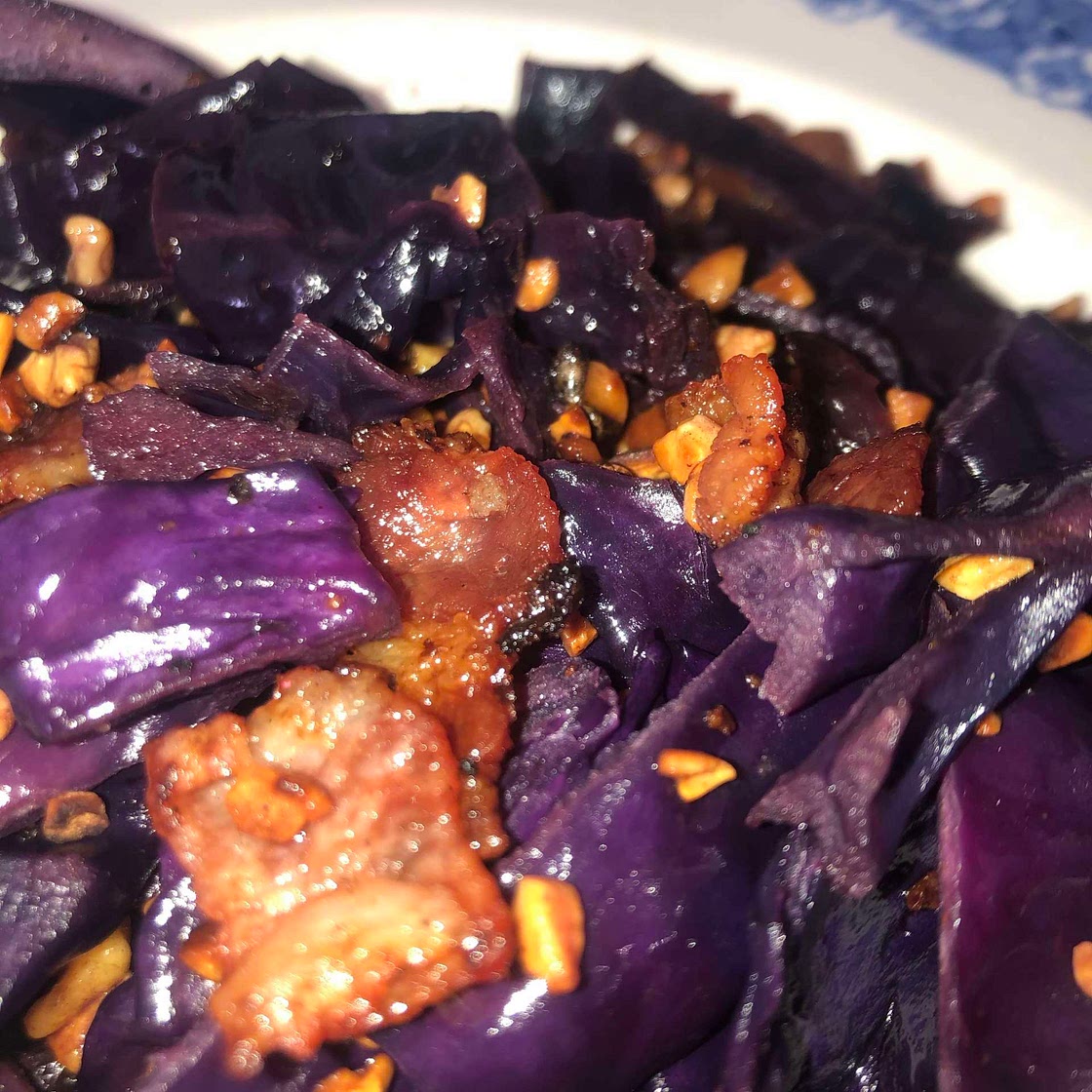 Red cabbage, nuts and bacon.