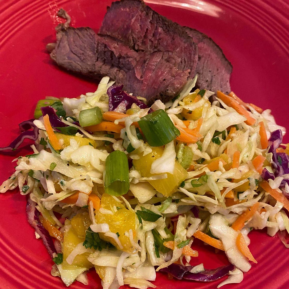 Grilled Sirloin Steak with Pineapple, Carrot, Cilantro & Broccoli Slaw