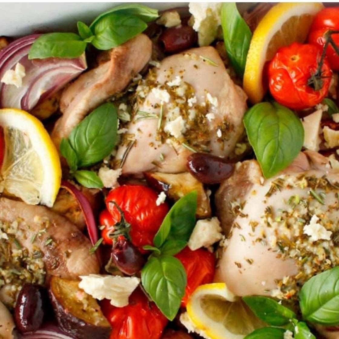 One Pan Greek Chicken, Basil & Olives