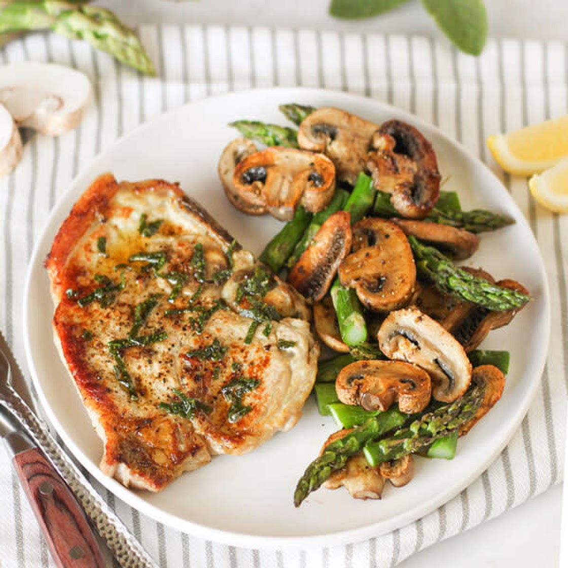 Pork Chops with Sage Butter, Roasted Mushrooms & Asparagus