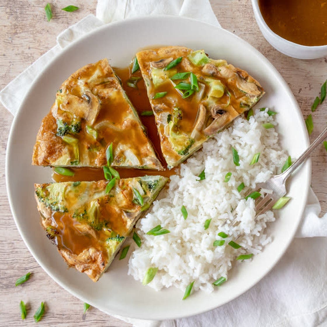 Broccoli Mushroom Egg Fu Young with Steamed Rice & Gravy