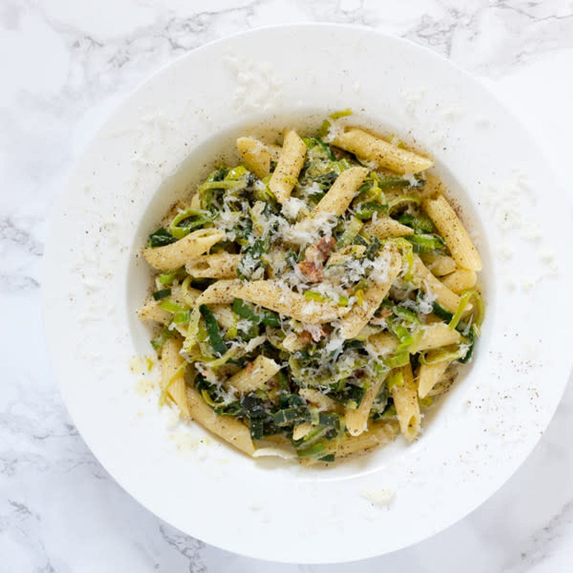 Leek & Bacon Pasta with goat Cheese