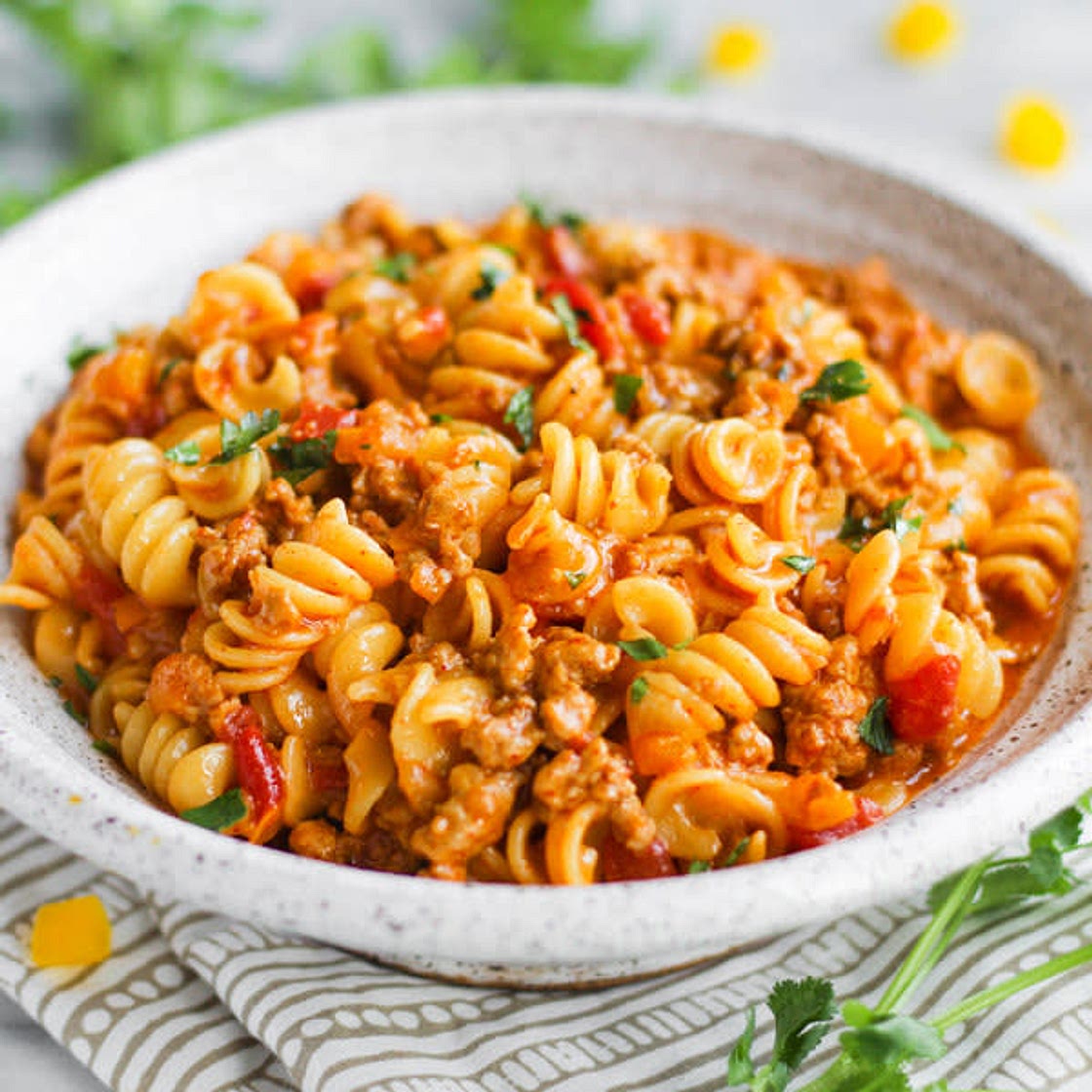 One Pot Creamy Taco Pasta With Turkey and Cheddar