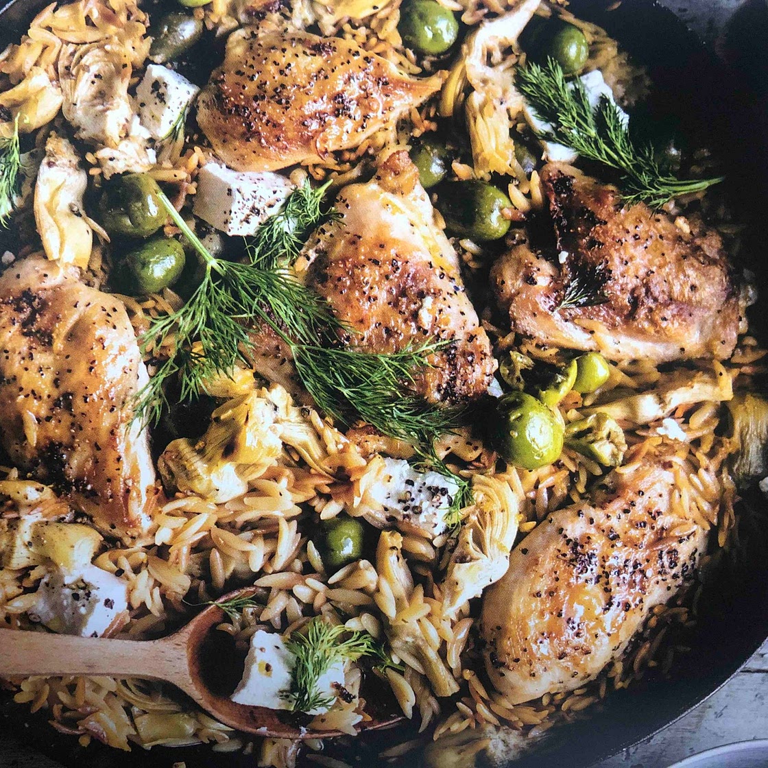 White Wine-Braised Chicken with artichokes and Orzo