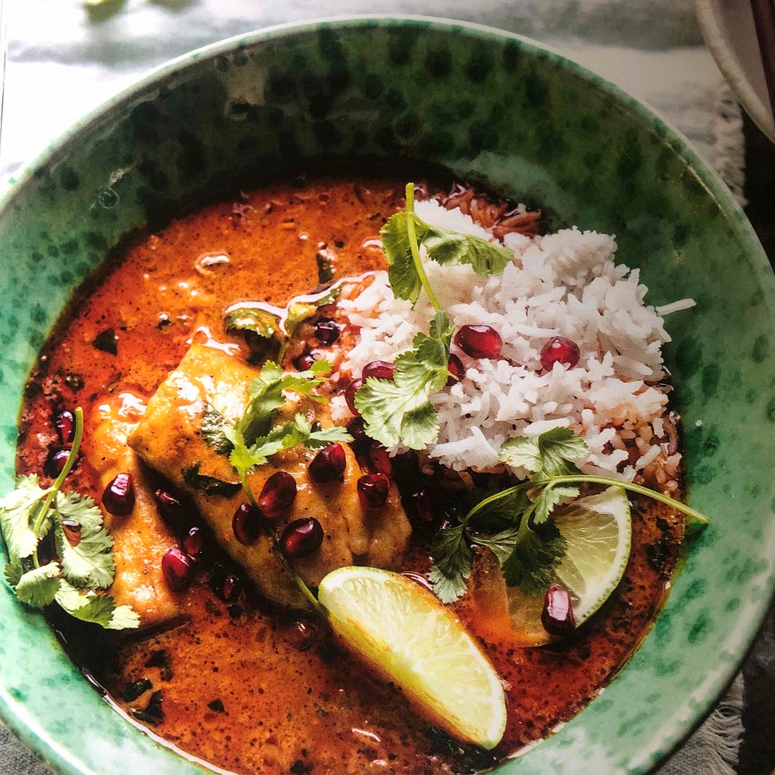 Extra Saucy Coconut Fish Curry with pomegranate 
