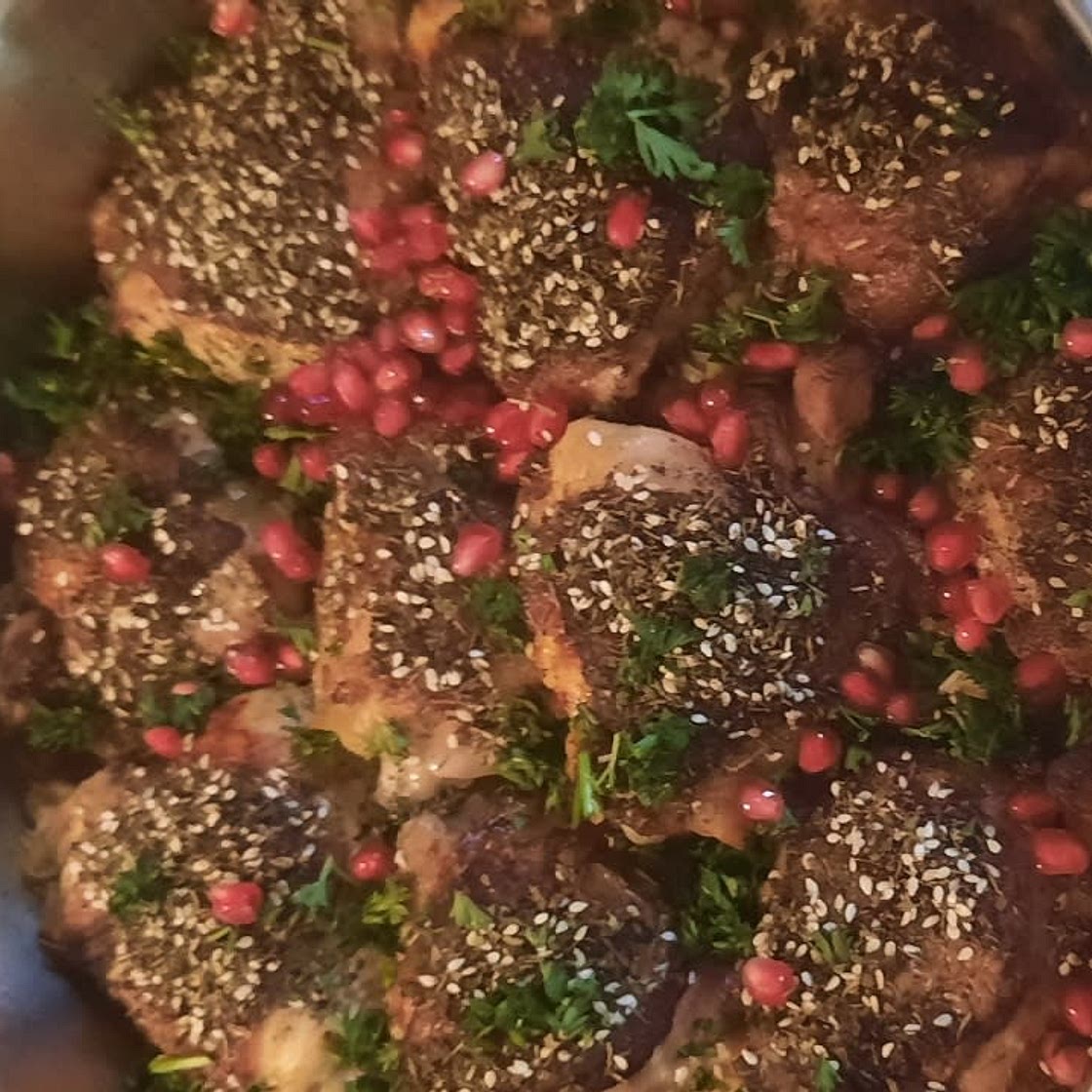 Crispy za'atar chicken pilaf with pomegranate