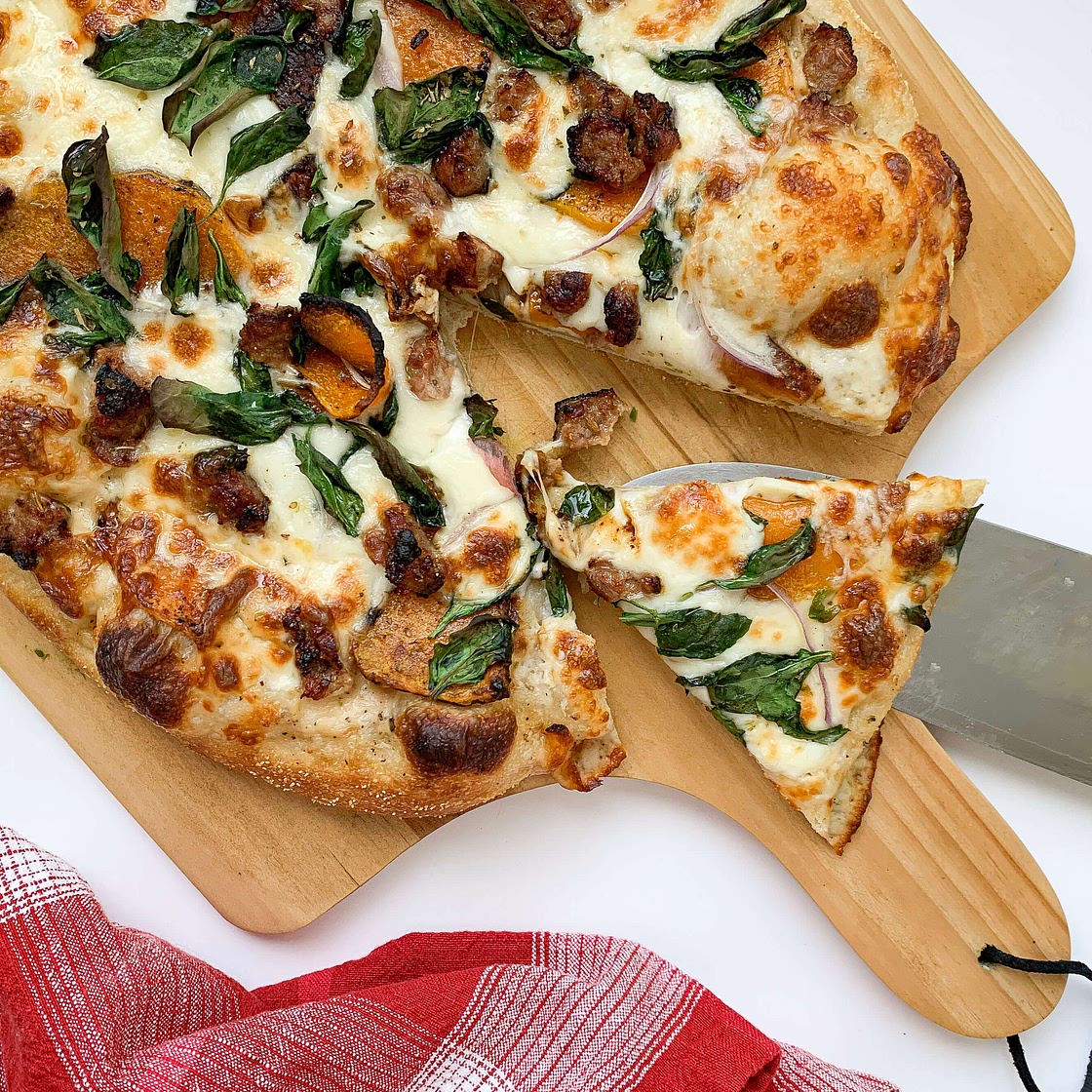 Squash, Sausage, and Spinach Pizza