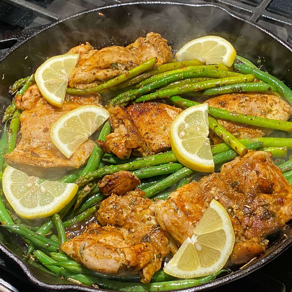 Garlic Herb Butter Chicken Thighs with Asparagus