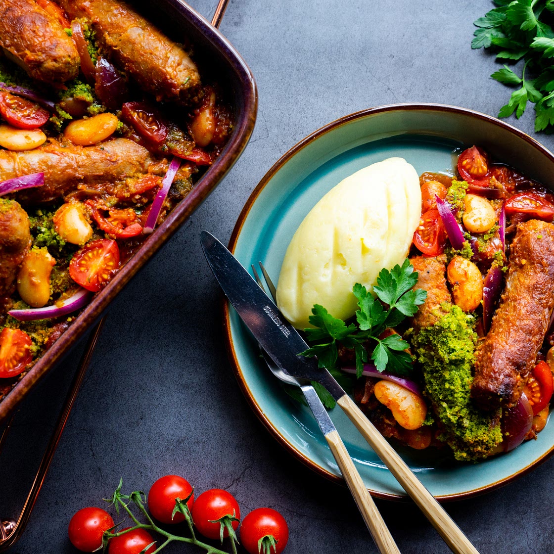 Roast Garlic, Sausage & Butterbean Bake with Herby Crust