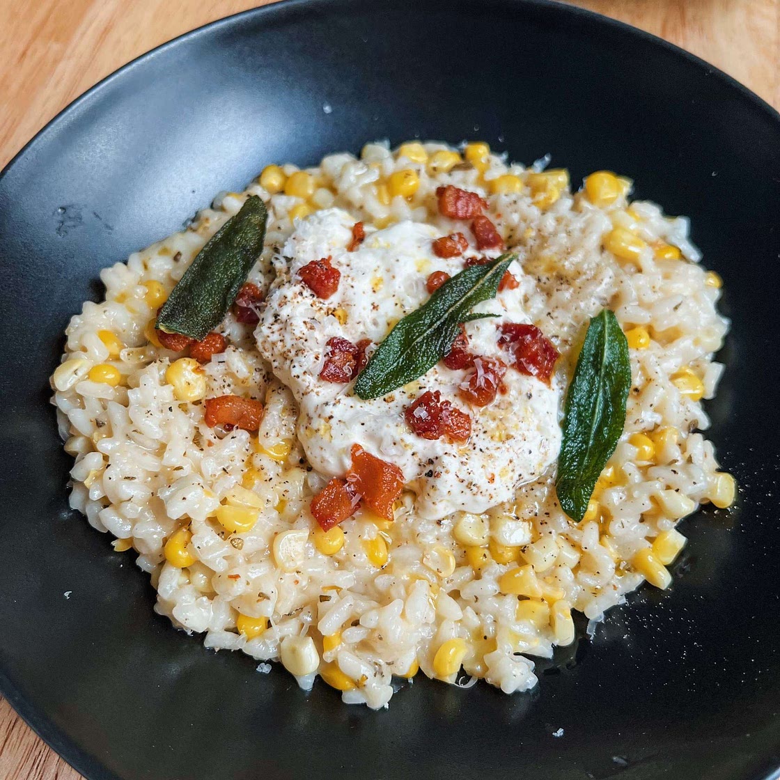 Sweet Corn Risotto with Crispy Sage, Pancetta and Burrata 