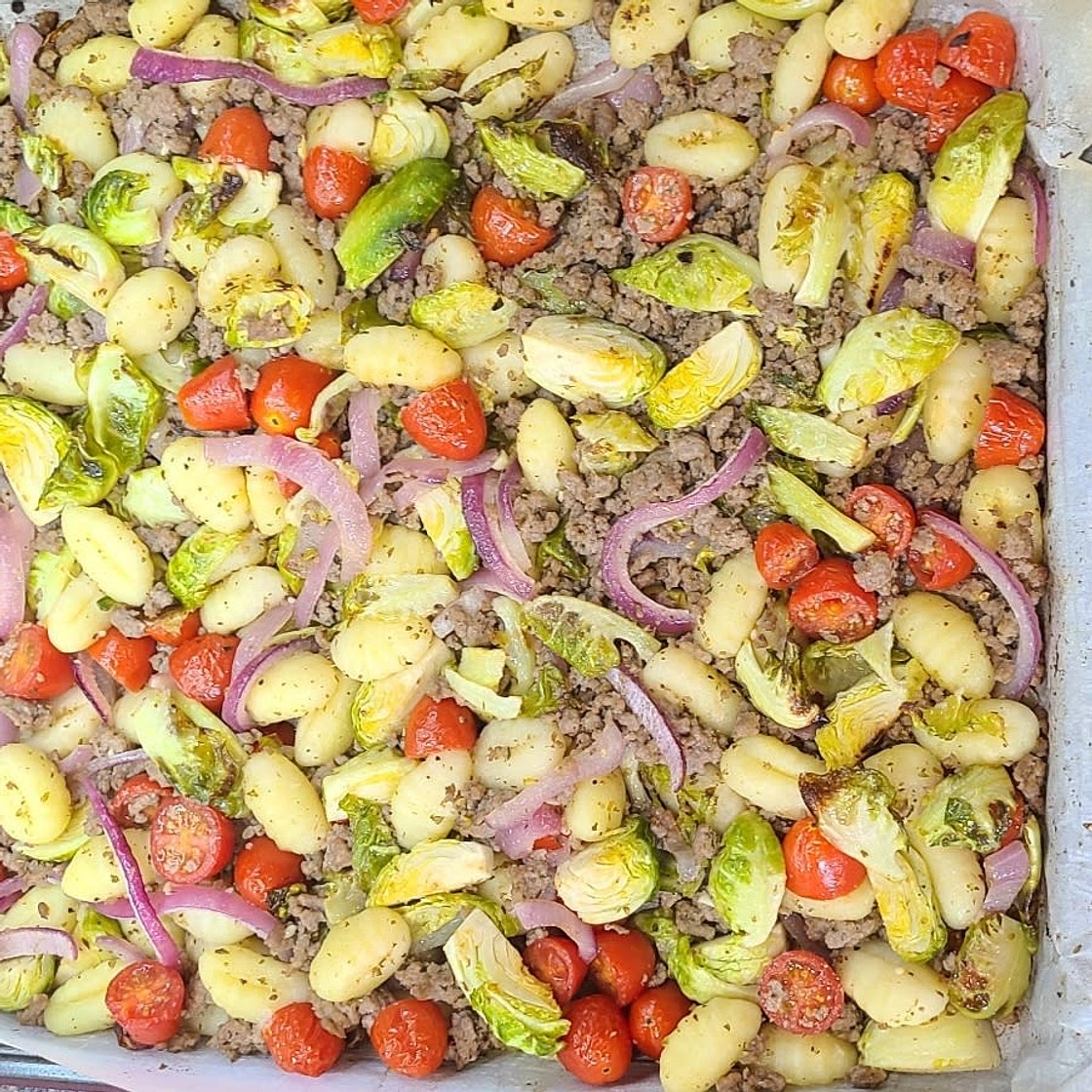 Sheet-Pan Mediterranean Chicken, Brussels Sprouts & Gnocchi