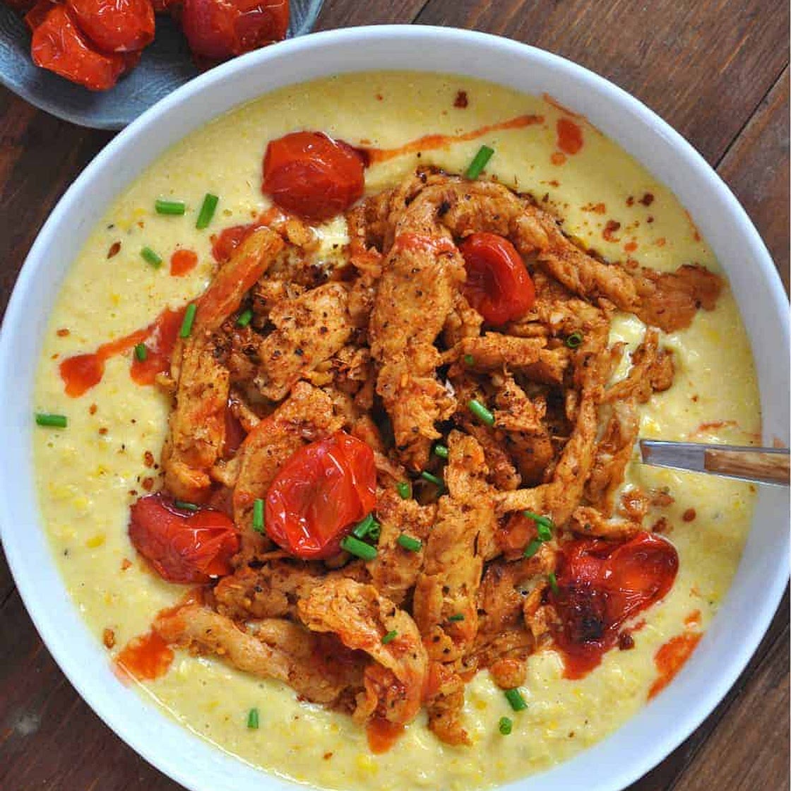 Vegan Cajun Soy Curls with Garlic Butter Creamed Corn