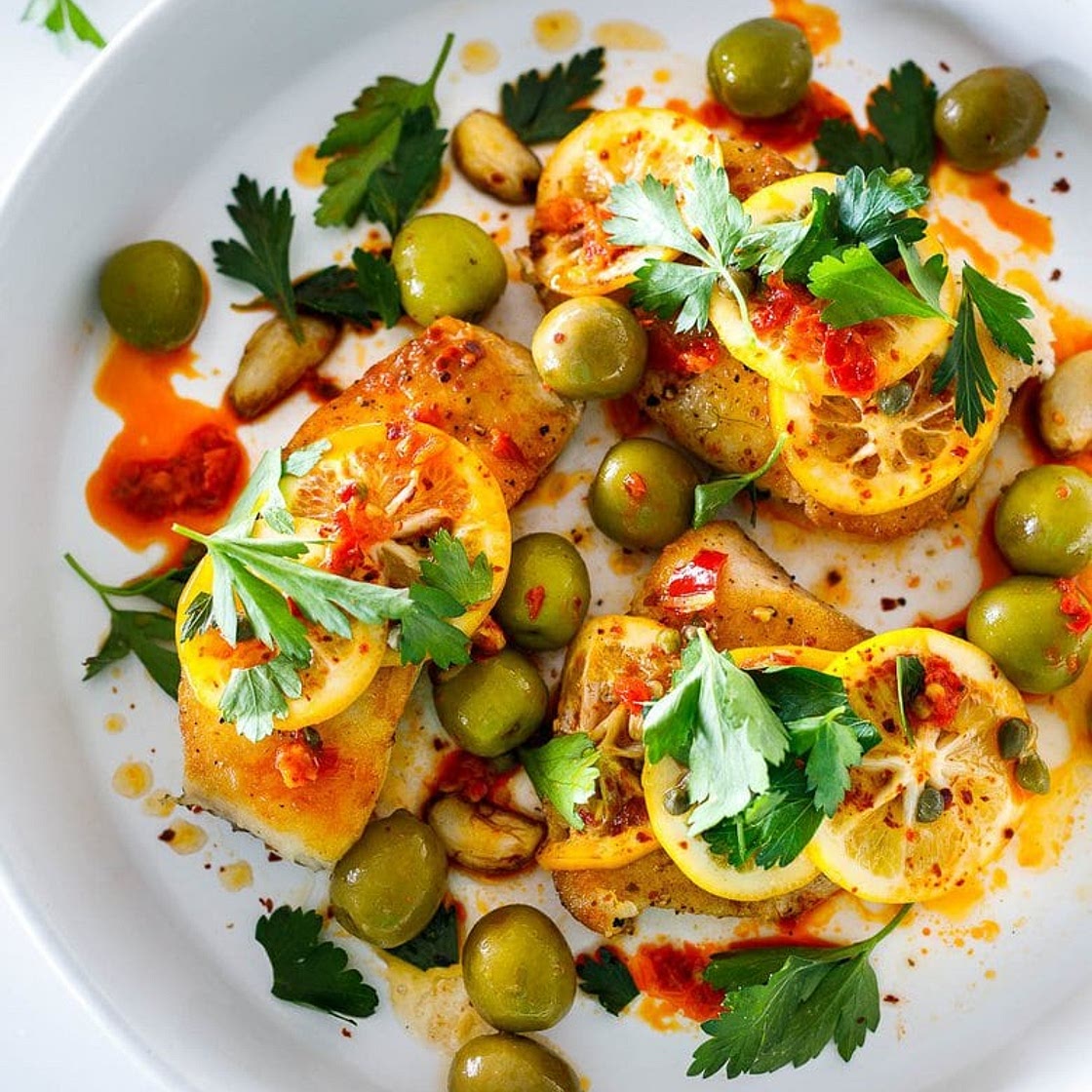 Pan-Seared Halibut with Marinated Lemons and Calabrian Chilies