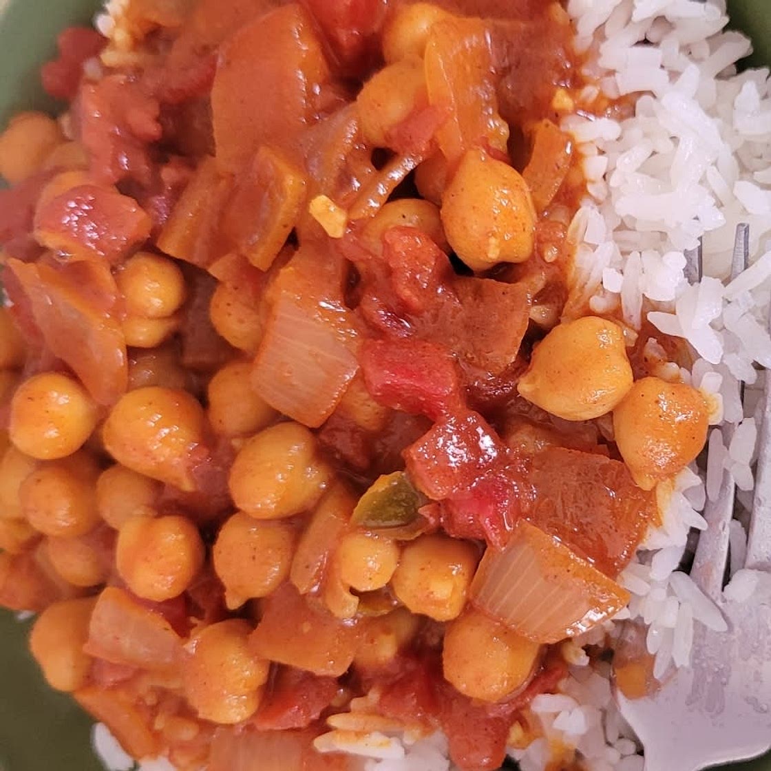Creamy Coconut Chickpea Curry over garlic rice