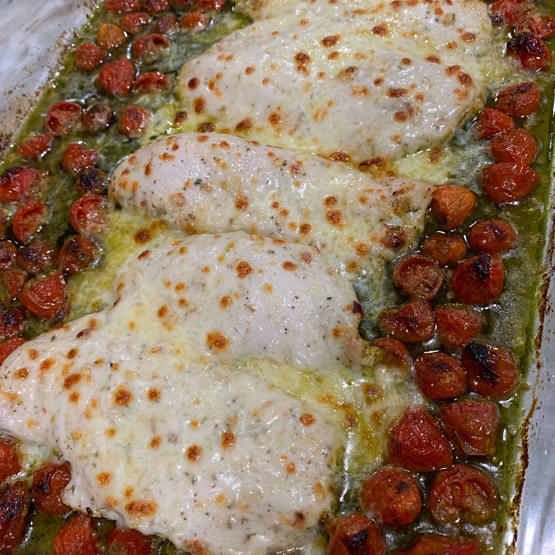 Pesto Baked Chicken with Tomatoes and Mozzarella