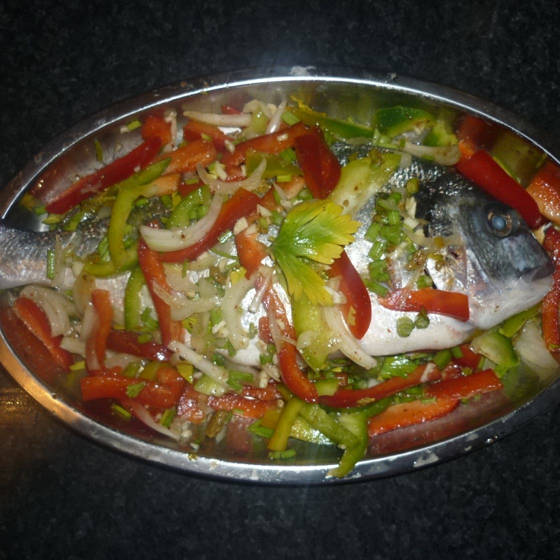 Oven Baked Grey Snapper with Caribbean sauce, Turks and Caicos Islands