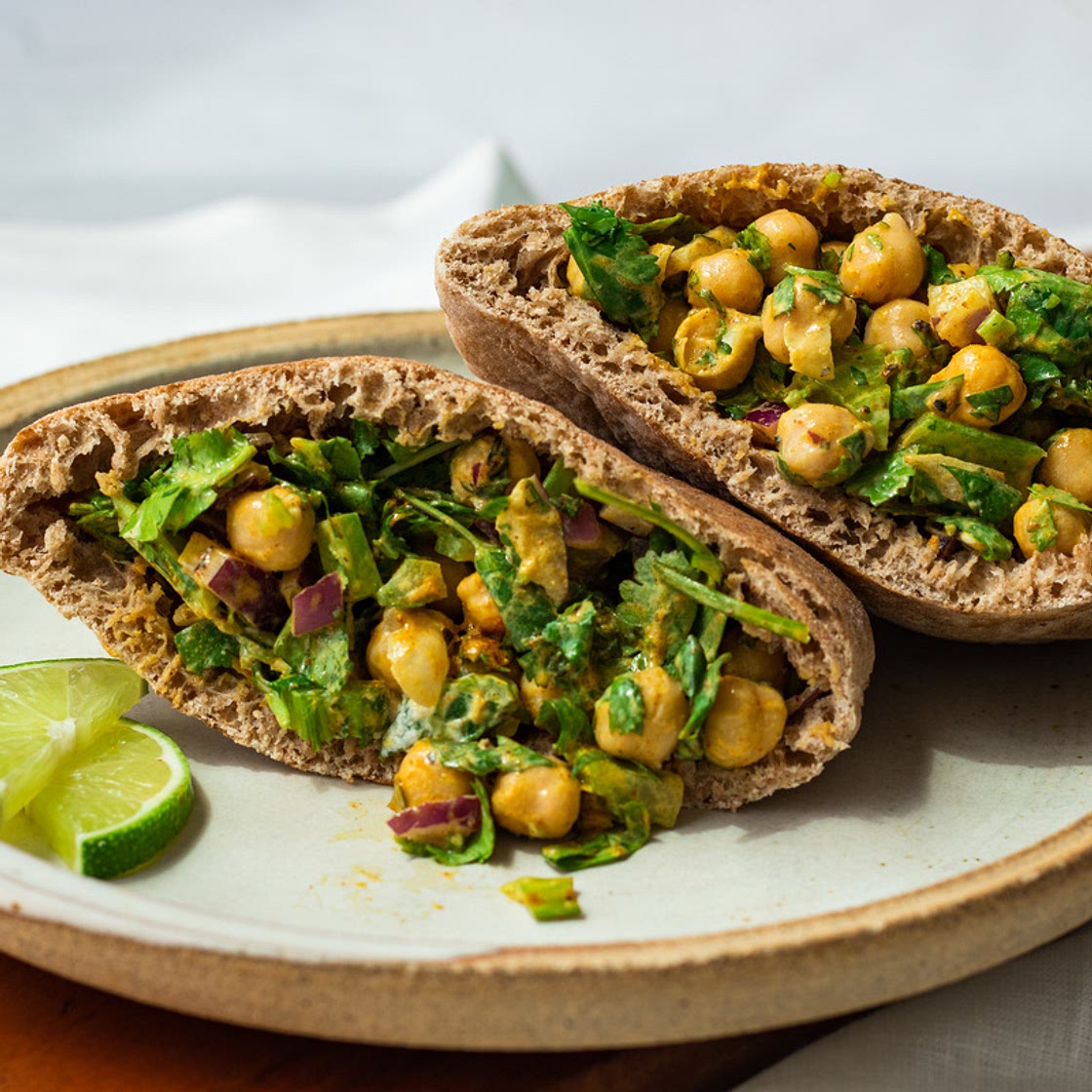Vegan Curry Chickpea Salad Pita Sandwich