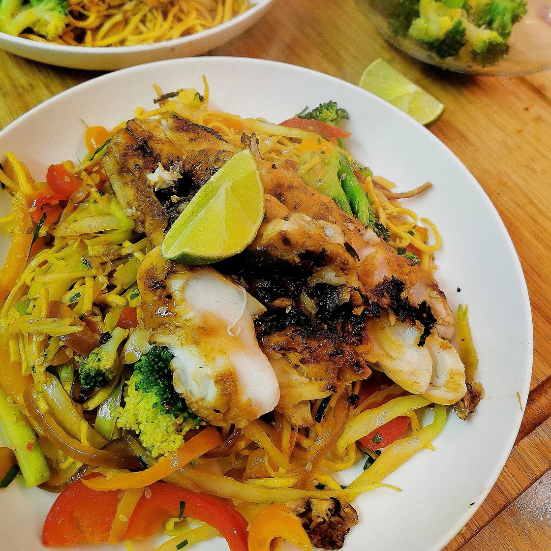 Pan Fried Hake (or white fish) Teriyaky with Noodle stir fry