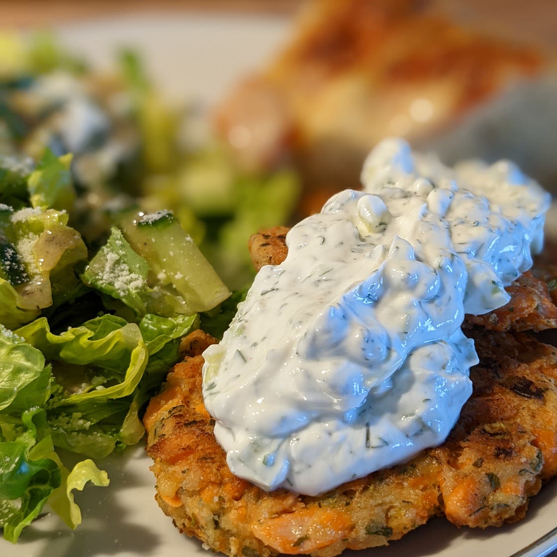 Golden Salmon Cakes with Tzatziki Sauce