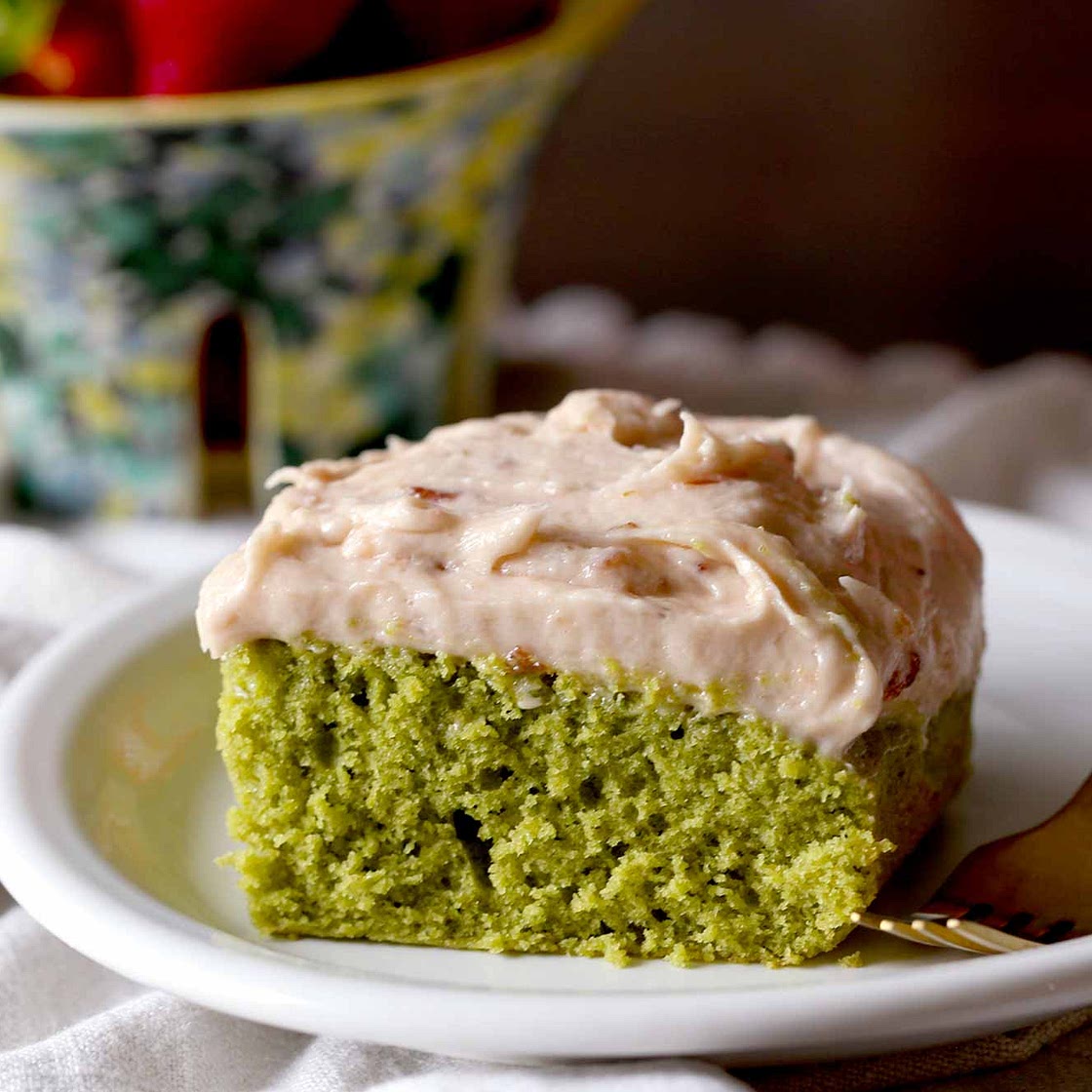 Matcha Sheet Cake with Strawberry Frosting