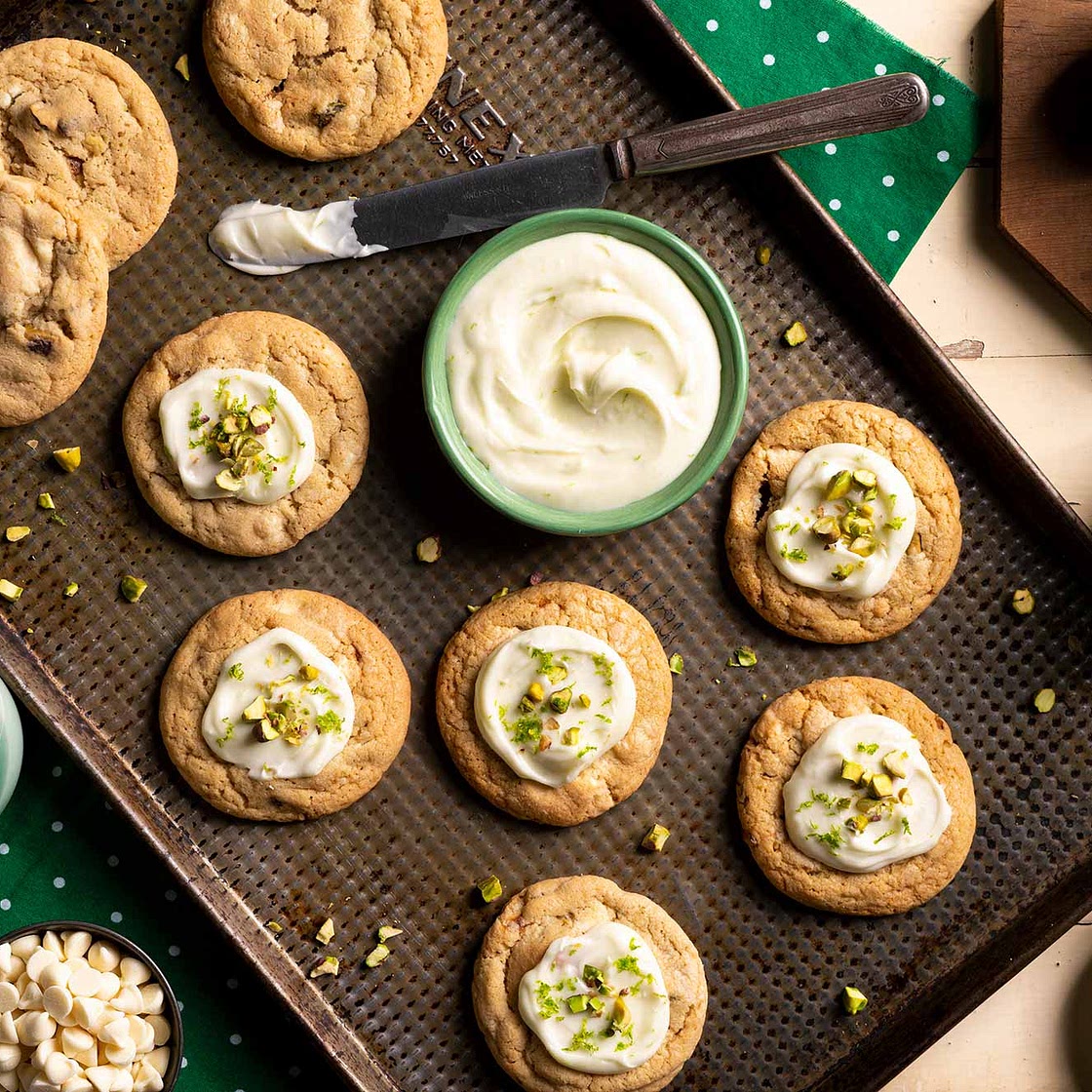 White Chocolate Chip Pistachio Cookies with Lime Cream Cheese Frosting