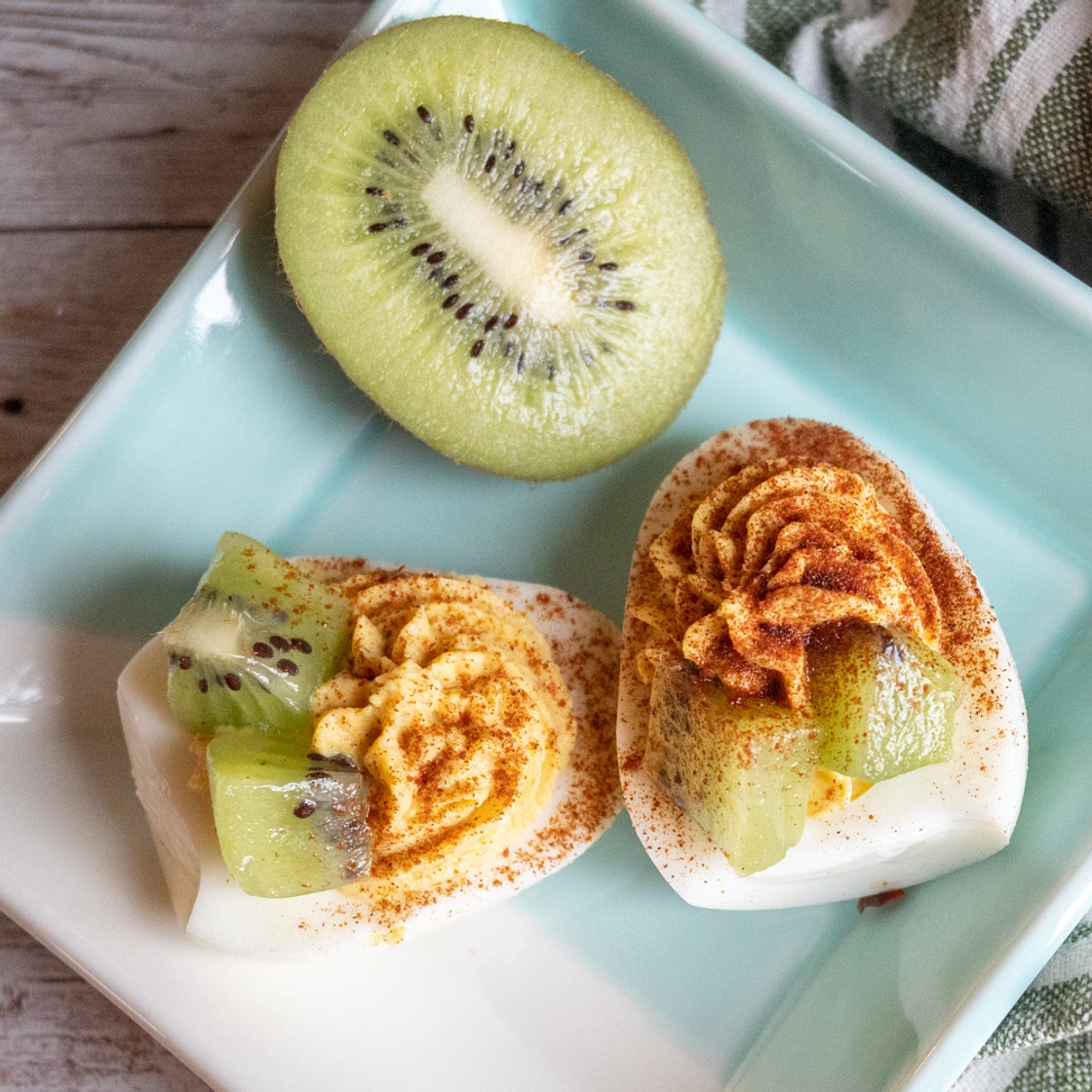 Kiwi and Curry Deviled Eggs with Cinnamon-Chile