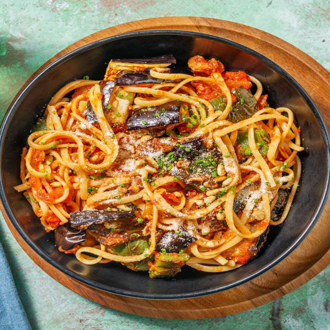 Roasted Pepper and Aubergine Linguine with Pine Nuts and Chives