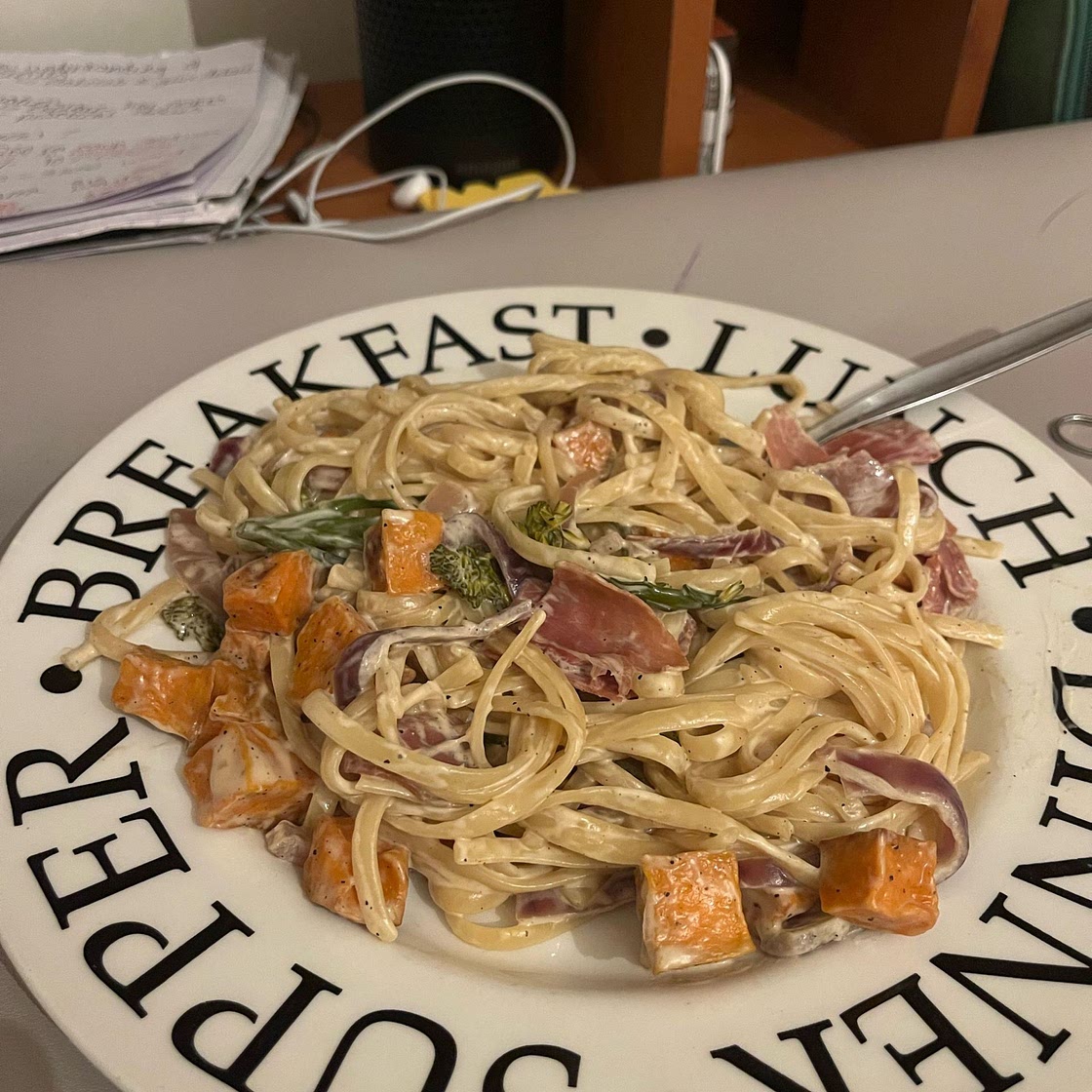 Serrano Ham and Butternut Linguine with Tenderstem® Broccoli and Creme Fraiche
