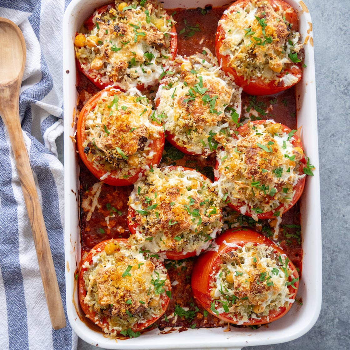 Pesto Stuffed Tomatoes with Rice and Sausage