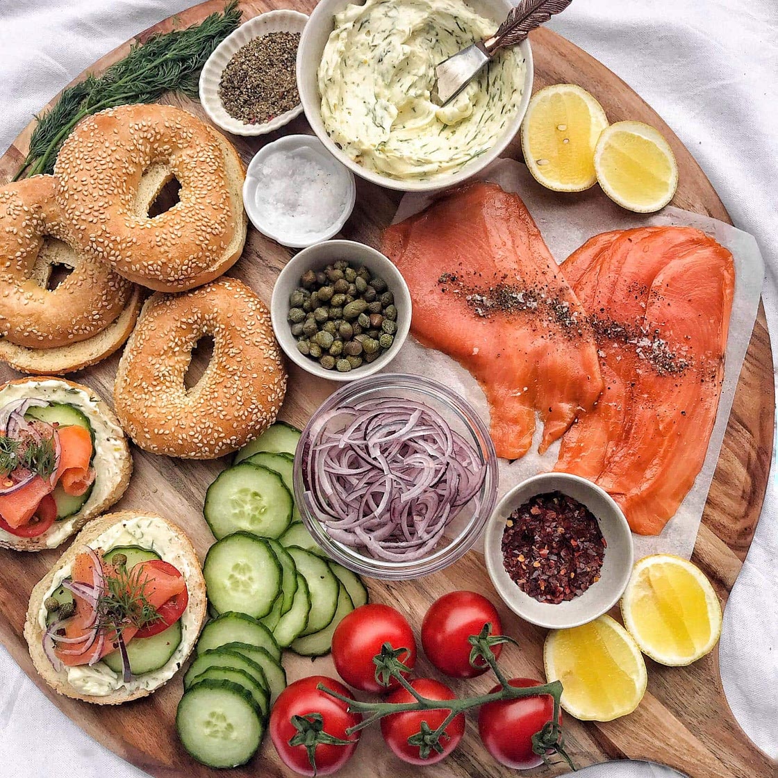 Smoked Salmon Bagel Brunch Board with Lemon-Dill Cream Cheese