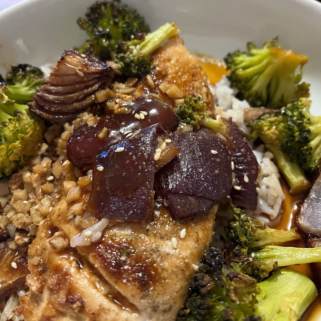 Hoisin Sticky Baked Chicken Breast with broccoli and red onion