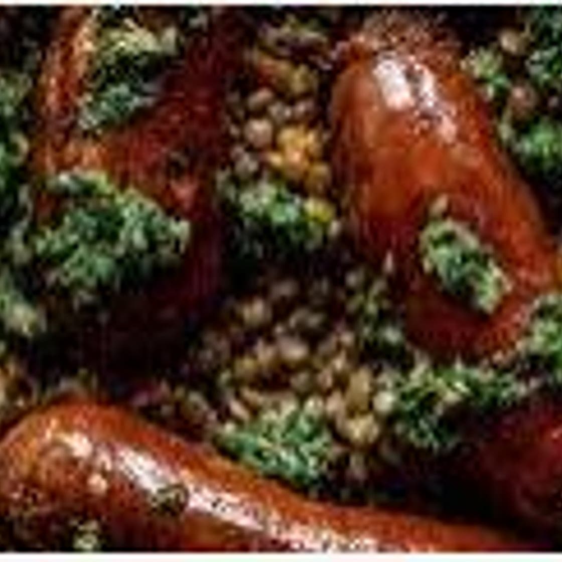 Cavolo nero with lentils, sausages and salsa verde